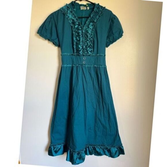 VTG Divine Modes Womens Blue Satin Ruffle Cotton Puffy Fit Flare Midi Dress sz L - Picture 2 of 7